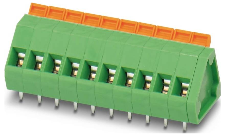 Een groen elektronisch aansluitblok met acht aansluitpoorten en oranje accenten, gebruikt voor het vastzetten van draden in een elektrisch circuit.