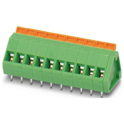 Een groen elektronisch aansluitblok met acht aansluitpoorten en oranje accenten, gebruikt voor het vastzetten van draden in een elektrisch circuit.