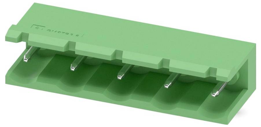 Een groen plastic blok met metalen aansluitingen, waarschijnlijk onderdeel van een elektrische component of connector, met vijf sleuven voor speldplaatsing.