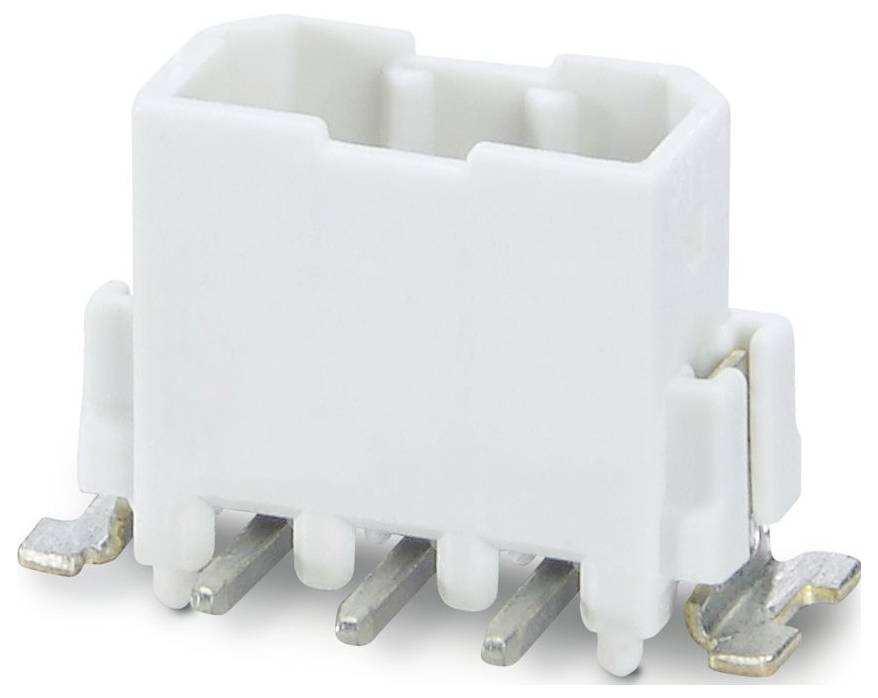Een witte, rechthoekige elektrische connector met vier metalen pinnen, ontworpen voor montage op een printplaat, gebruikt in elektronische apparaten.