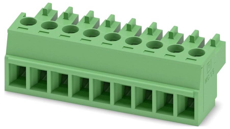 Een groen elektrisch klemmenblok met tien aansluitingspunten, gebruikt voor het vastzetten van draden en het mogelijk maken van circuitverbindingen in elektronische apparaten.