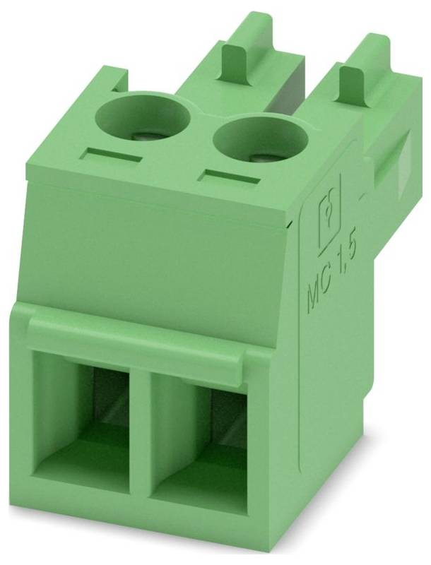 Een groen elektrisc aansluitblok met twee aansluitpunten, gelabeld 'MC 1,5.'
