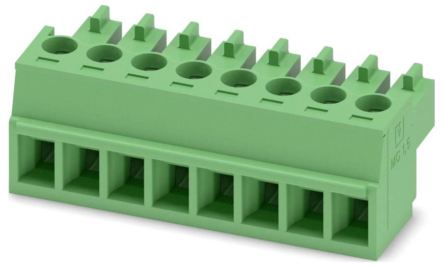 'Groen aansluitblok met acht sleufjes voor bedrading, elk sleufje voorzien van een schroefklemmen. Gebruikt voor het vastzetten van draden in de elektronica.'