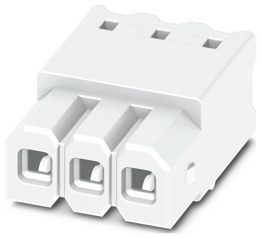 Een witte driepolige connector met rechthoekige openingen, gebruikt in elektronische of elektrische componenten voor het veilig verbinden van schakelingen.