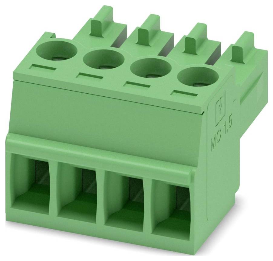 Een groene 20-pins aansluitblok connector met schuine sleuven, gebruikt voor elektrische bedrading en verbindingen in elektronische apparaten.