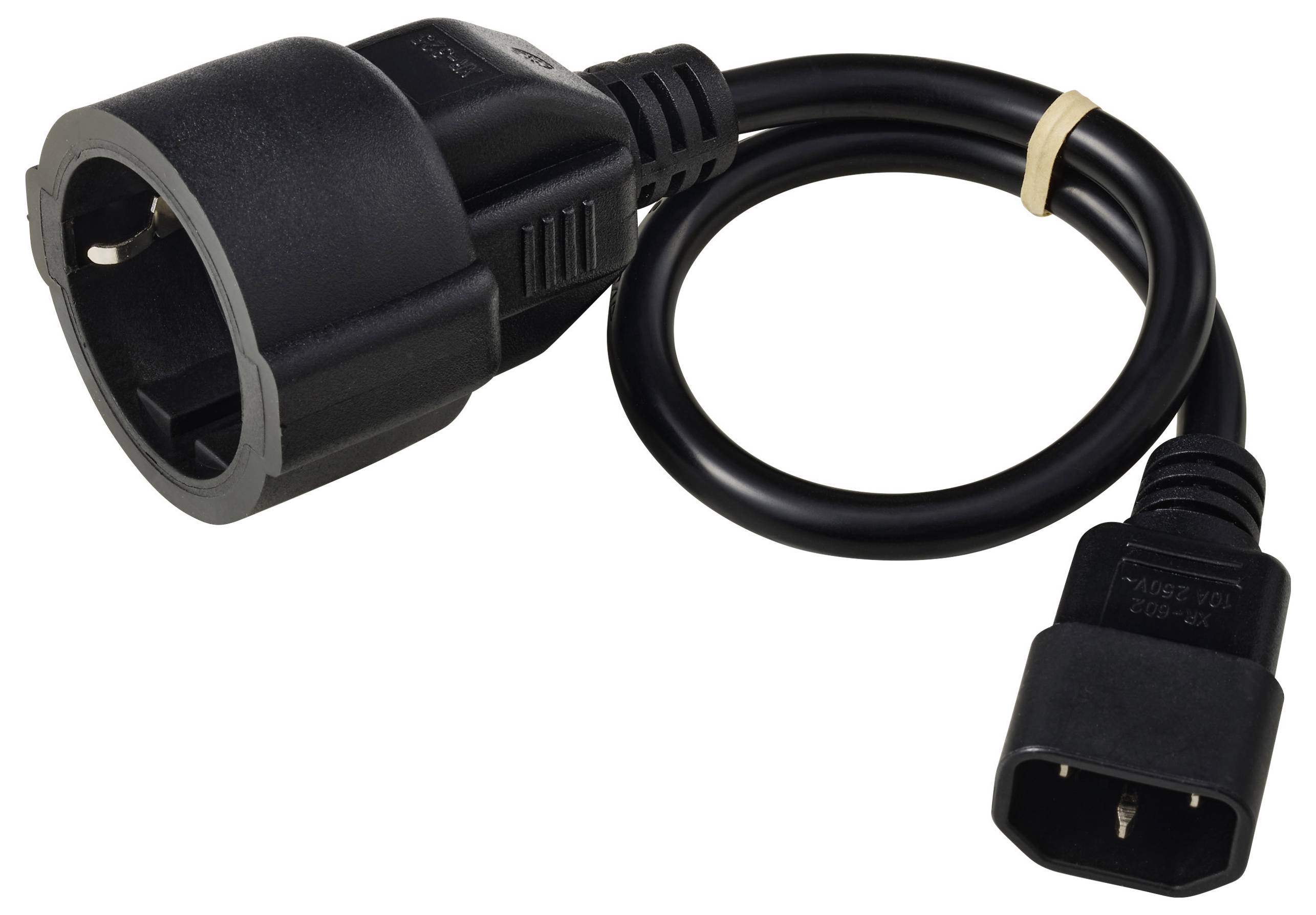 'Zwarte stroomkabel, met aan het ene uiteinde een Europese stekker en aan het andere uiteinde een IEC-connector, opgerold en vastgezet met een elastiekje.'
