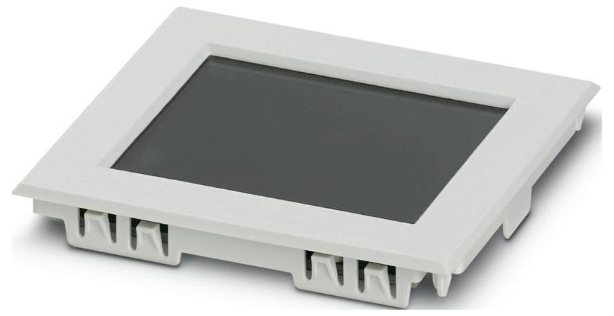 Een grijs elektronisch schermmodule met een plat rechthoekig ontwerp, iets verheven randen, en aansluitingen aan de zijkant, gebruikt in paneelinstallaties.