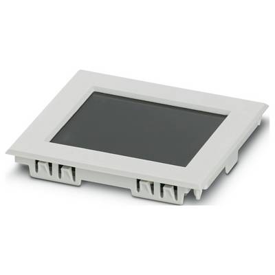 Een grijs elektronisch schermmodule met een plat rechthoekig ontwerp, iets verheven randen, en aansluitingen aan de zijkant, gebruikt in paneelinstallaties.
