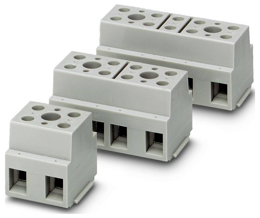 Drie grijze modulaire aansluitblokken in verschillende maten, op een rij uitgelijnd, gebruikt voor elektrische verbindingen, met meerdere aansluitingspunten.