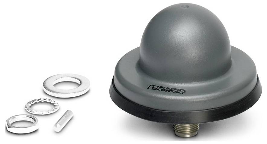 Een grijs industrieel sensorapparaat met een afgeronde bovenkant en een schroefdraad aan de onderkant, samen met drie metalen ringen en een pen.