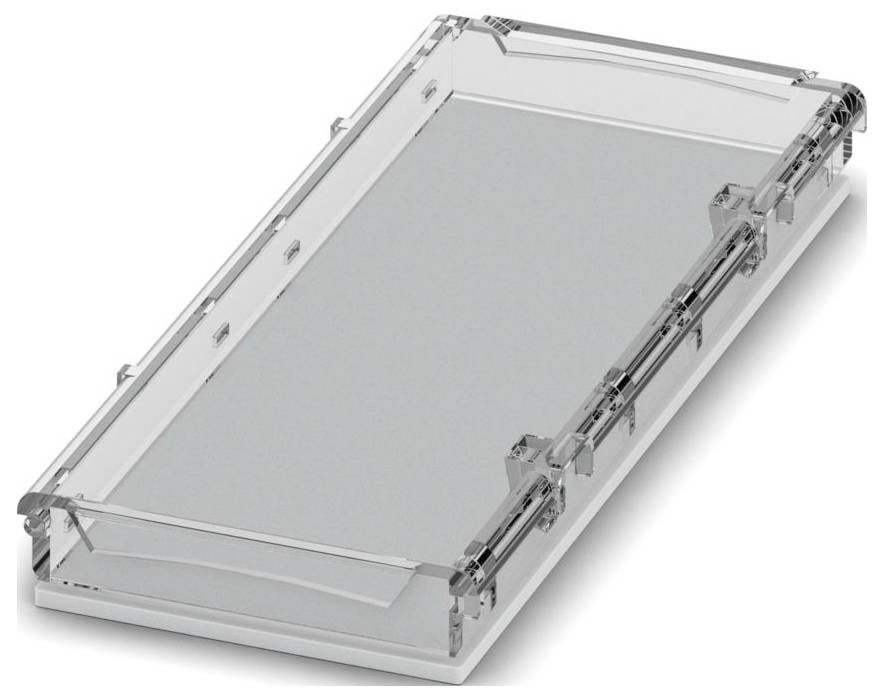 Een transparante plastic afdekking met een rechthoekige vorm, ontworpen om een object te beschermen of in te sluiten, gezien vanuit een lichte hoek.