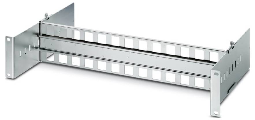 'Een opvouwbaar 19-inch rackmountpaneel met uitsnijdingen gerangschikt in twee rijen, ontworpen voor het organiseren en ondersteunen van elektronische apparatuur.'