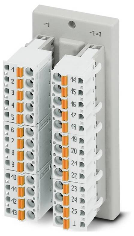 'Een grijze aansluitblok met twee rijen genummerde slots van 1 tot 14, gebruikt voor het organiseren en verbinden van elektrische draden.'