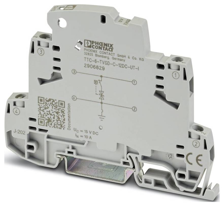 'Phoenix Contact TTC-6-TSD-C-12DC-UT-1' apparaat, een overspanningsbeheersingsmodule met geëtiketteerde spanningsspecificaties en QR-code voor gegevenstoegang.