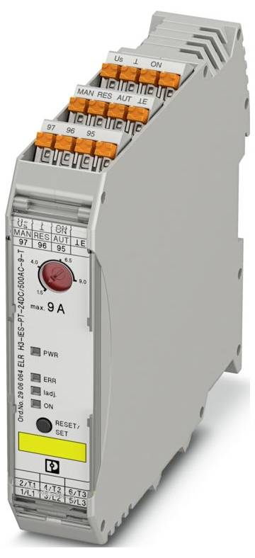 Een elektrische relaismodule met gelabelde aansluitingen voor verbindingen. Een rode resetknop en indicatorlampen tonen stroomvoorziening, fout en status.