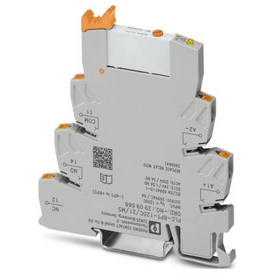 Een compact, grijs industrieel apparaat met oranje aansluitingen en een QR-code, gebruikt voor elektronische signaalverwerking of aansluiting.