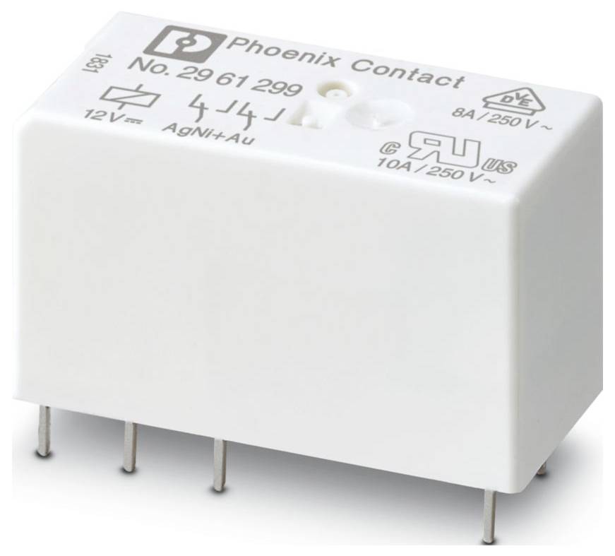 Een witte elektrische relais met zes metalen pennen gelabeld 'Phoenix Contact No. 2961299', nominaal 8A/250V en 10A/250V, met verschillende certificeringsmerken.