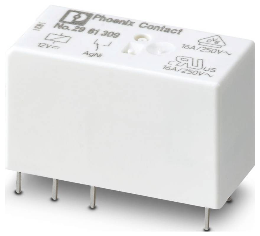 Een wit rechthoekig elektronisch relaismodule met het label 'Phoenix Contact No. 29 61 309' en specificaties waaronder '16A/250V~'.