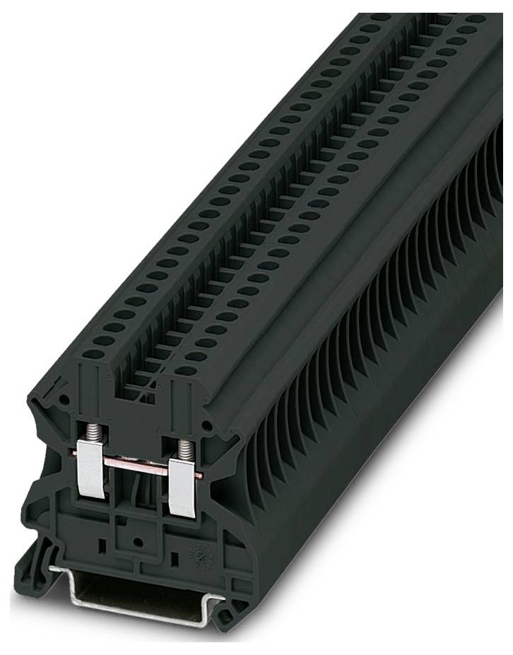 Een zwart elektrisch aansluitblok met twee rijen aansluitpunten, gebruikt voor het beveiligen van elektrische verbindingen in paneelassemblages.