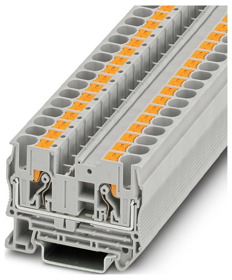 Een grijs en oranje elektrische aansluitklem met meerdere aansluitpunten in rijen gerangschikt, gebruikt voor het organiseren en beveiligen van draden.