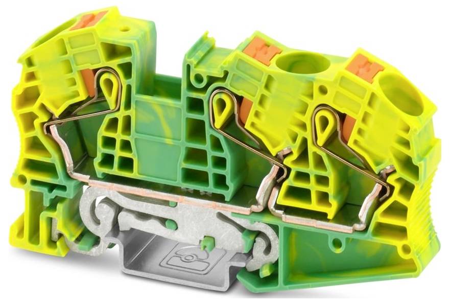 Een geel elektriciteitsklemmenblo k met meerdere sleuren voor draadverbindingen, voorzien van twee metalen grendels aan de onderste voorrand.
