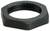 Een zwarte zeshoekige metalen borgmoer met inwendige schroefdraad, geëtiketteerd 'M32 x 1.5'.