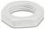 Een witte zeshoekige borgmoer met interne schroefdraad, gebruikt voor het vastzetten van machines of loodgietersfittingen, gezien vanuit een lichte hoek.