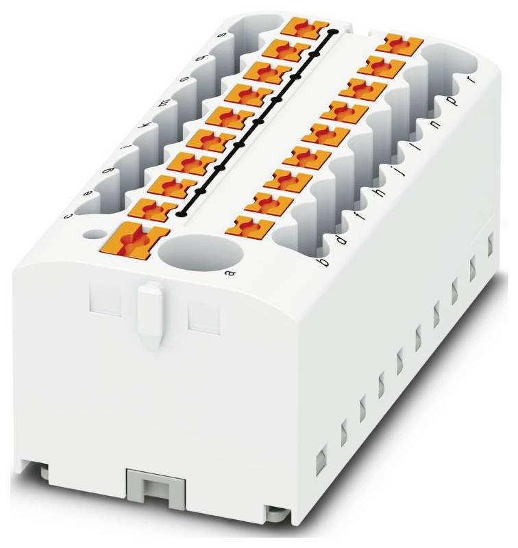 Een roze elektrische aansluitblok met oranje connectoren, gemonteerd op een grijze basis, gebruikt voor het verbinden en beveiligen van elektrische kabels.
