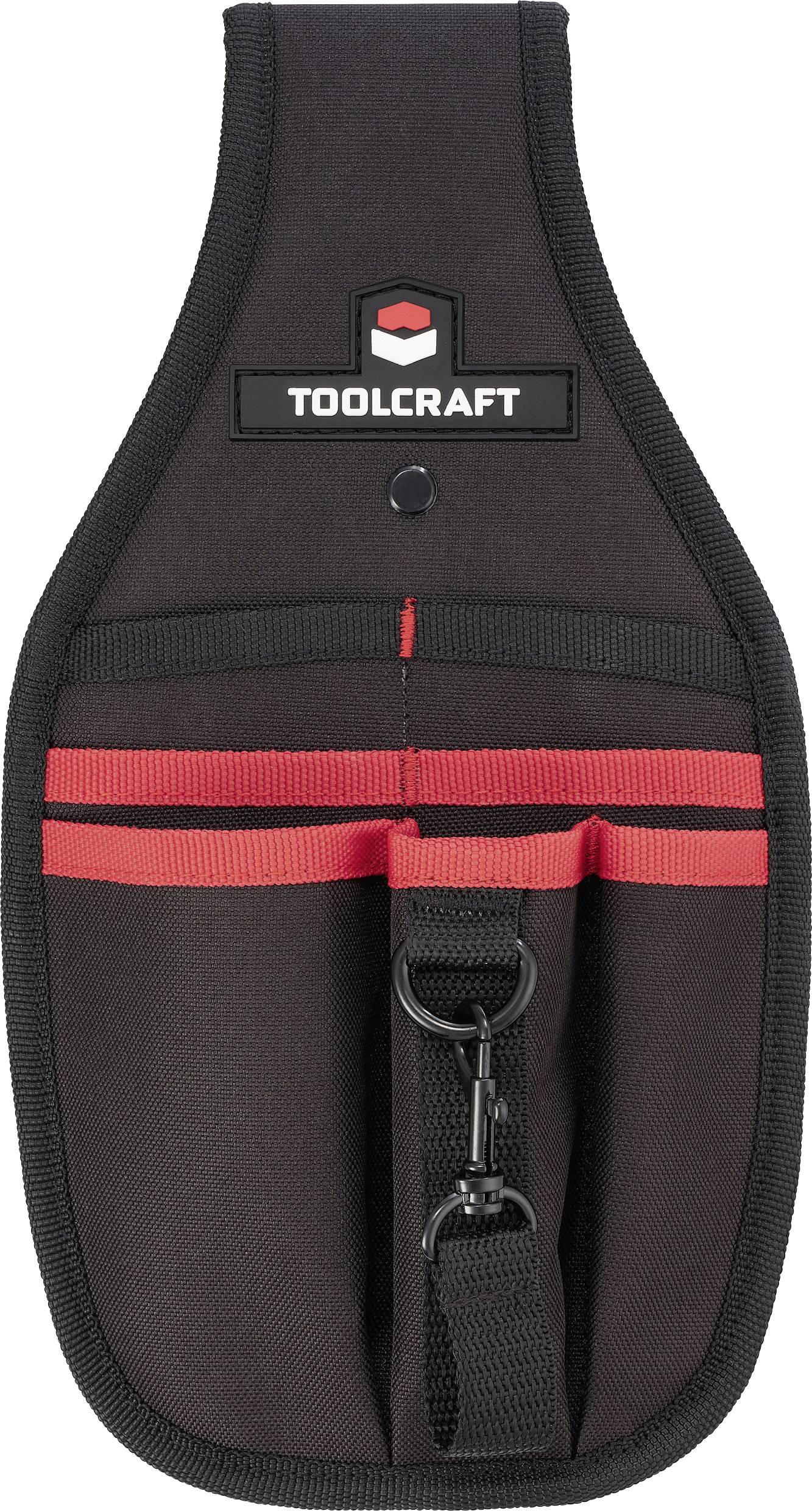 Zwart en rood TOOLCRAFT gereedschaphouder met meerdere vakken en een clip, ontworpen voor het opslaan en organiseren van verschillende gereedschappen.