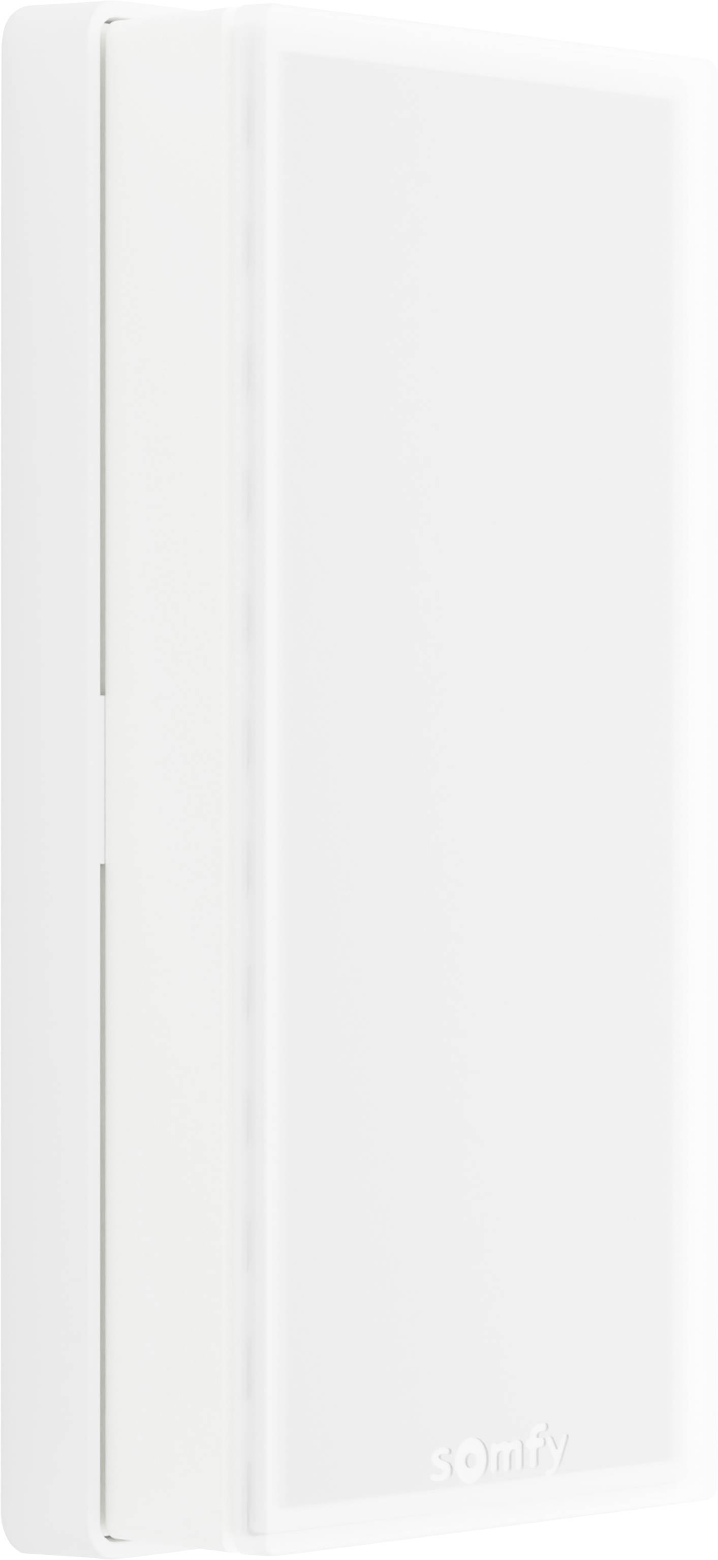 Een witte, rechthoekige wandschakelaar met een minimalistisch design, voorzien van het label 'Somfy' onderaan.