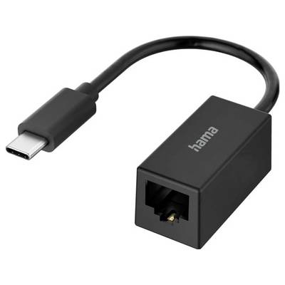 Een zwarte USB-C naar Ethernet-adapter met een kabel, ontworpen voor het aansluiten van USB-C-apparaten op bekabelde internetnetwerken, gelabeld 'hama'.