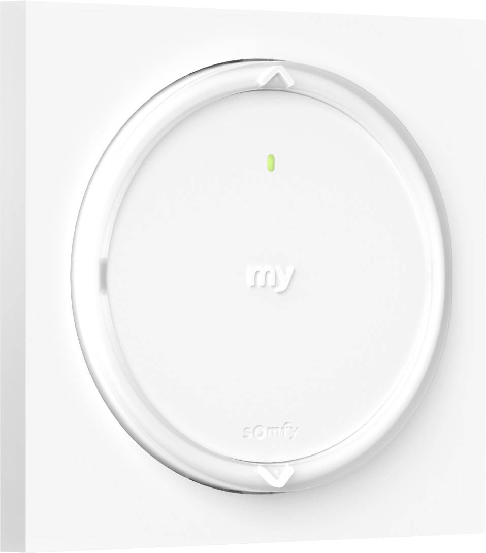 Een ronde, witte afstandsbediening met 'my' en een klein groen indicatielampje in het midden, gebruikt voor het bedienen van Somfy gemotoriseerde systemen.
