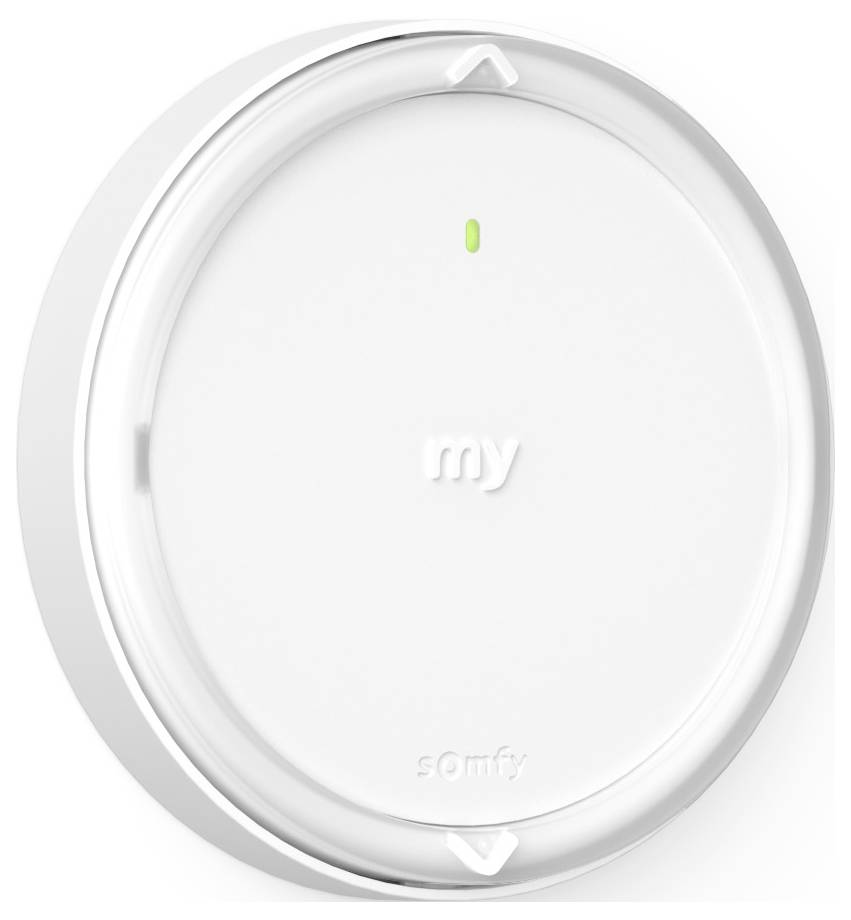 Ronde witte slimme home-knop met een groene LED-indicator en 'my' tekst in het midden, gebruikt voor het bedienen van Somfy-apparaten.