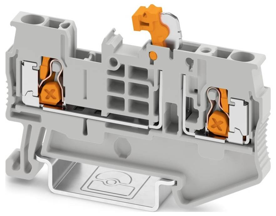 Een grijze elektrische aansluitklem met oranje hefbomen voor draadverbindingen, met een rasterpatroon en gelabeld met 'X' nabij de contactpunten.