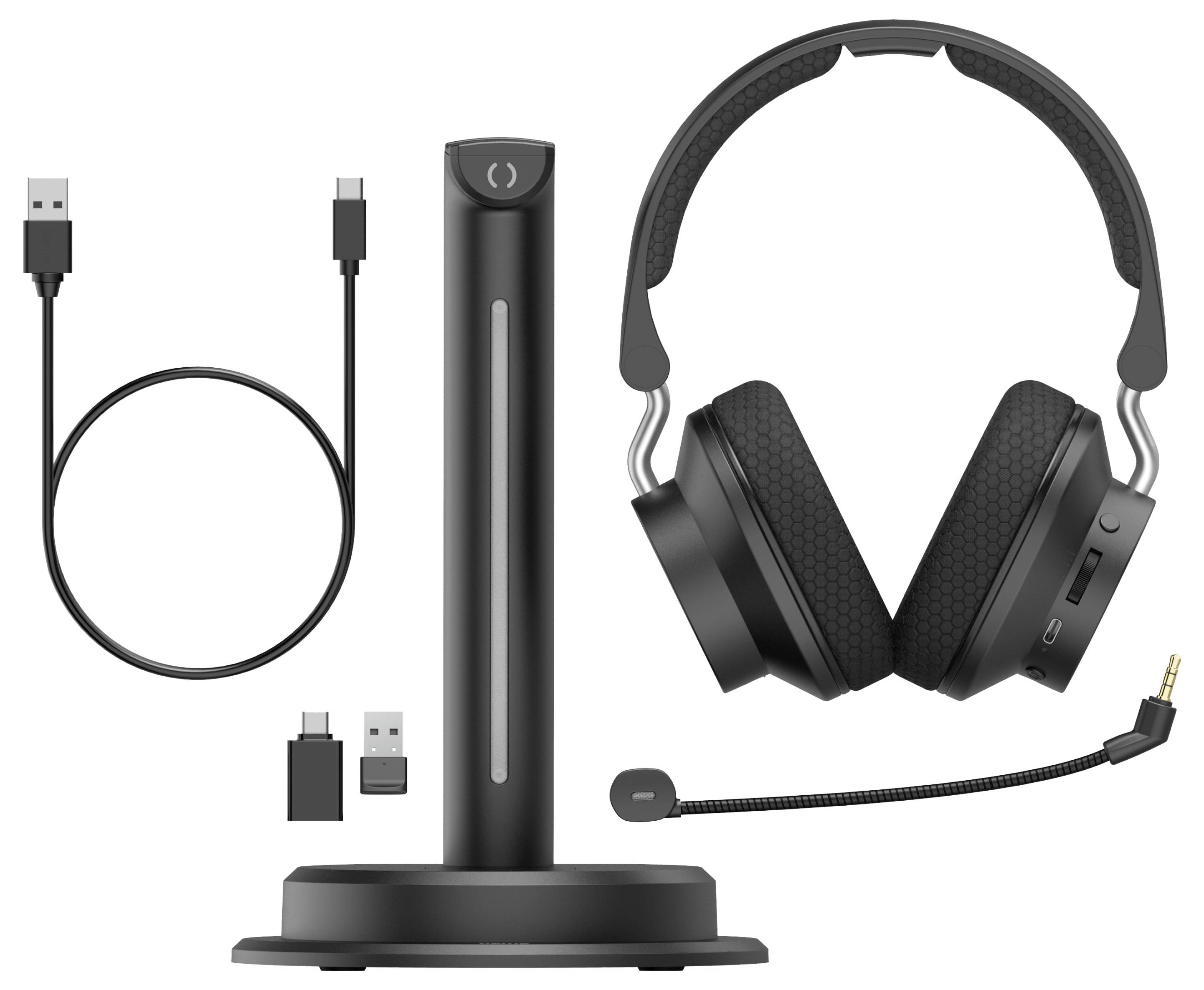 Draadloze headset met gewatteerde oorkussens, afneembare microfoon, oplaadstandaard, USB-C en USB-A kabels, plus draadloze adapters.