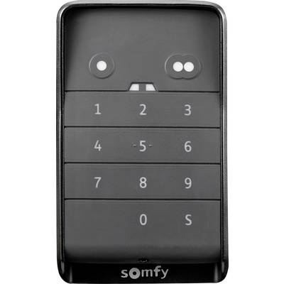 Een zwart toetsenbord met een rechthoekig ontwerp dat de nummers 0 tot 9 bevat en de merknaam 'somfy' onderaan.