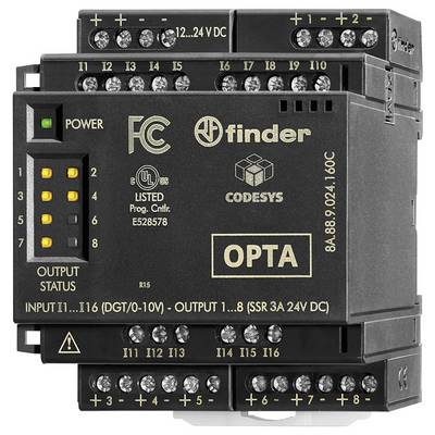 'Finder OPTA programmeerbare logische controller met meerdere ingang- en uitgangsklemmen, LED's die voeding en uitgangsstatus aangeven, geschikt voor 12-24V DC.'