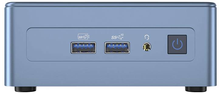 'Een compacte, blauwe externe harde schijfbehuizing met twee USB 3.0-poorten, een audio-aansluiting en een aan/uit-knop op het voorpaneel.'