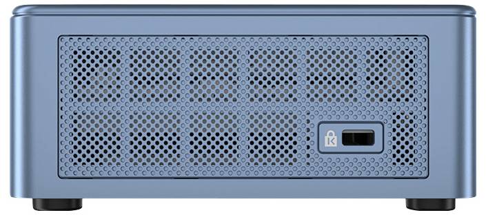 Een blauw, geperforeerd metalen paneel van een elektronisch apparaat, met een aan/uit-knop aan de rechterzijde.