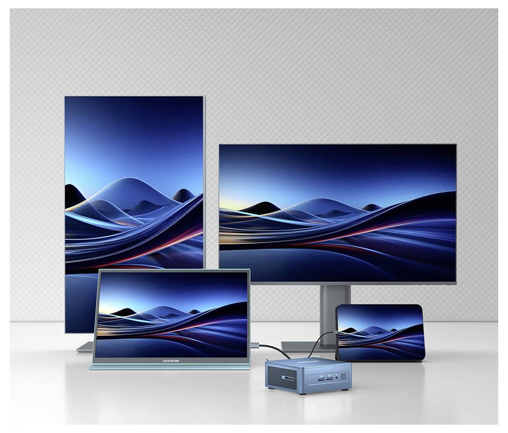 Een verscheidenheid aan elektronische apparaten die een uniforme blauw en zwarte golvende patroon weergeven, waaronder een monitor, tablet en smartphone.