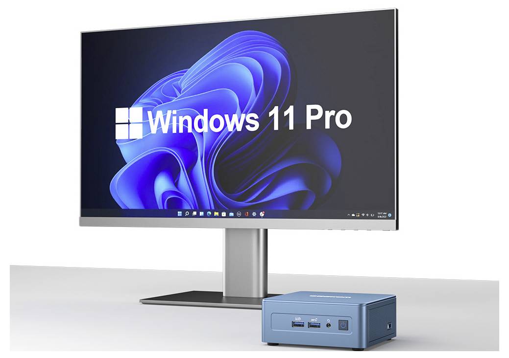 Een desktopcomputer-configuratie met een monitor waarop 'Windows 11 Pro' wordt weergegeven en een compacte blauwe computertoren ernaast.