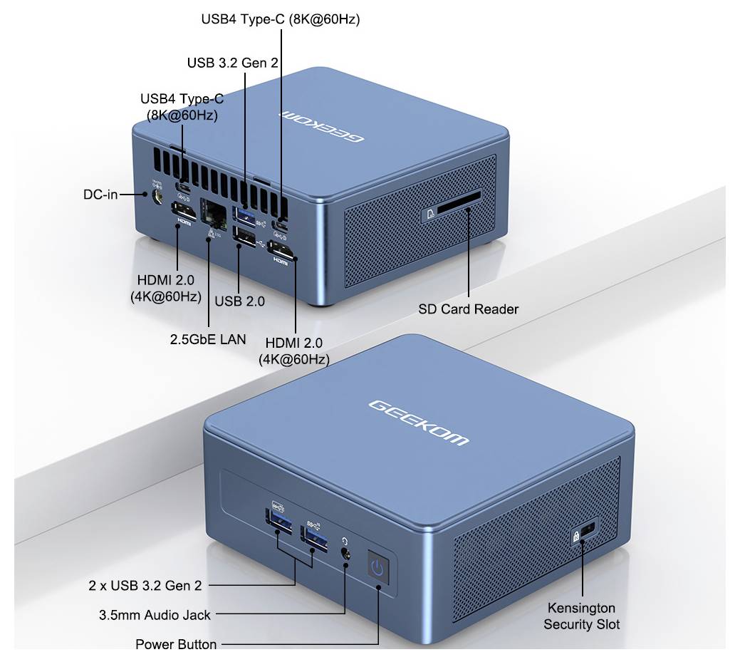 Compacte blauwe apparaat met 'GEEKOM' merklogo, voorzien van USB4, USB 3.2, HDMI 2.0, 2.5GbE LAN, SD-kaartlezer en audio-aansluiting.