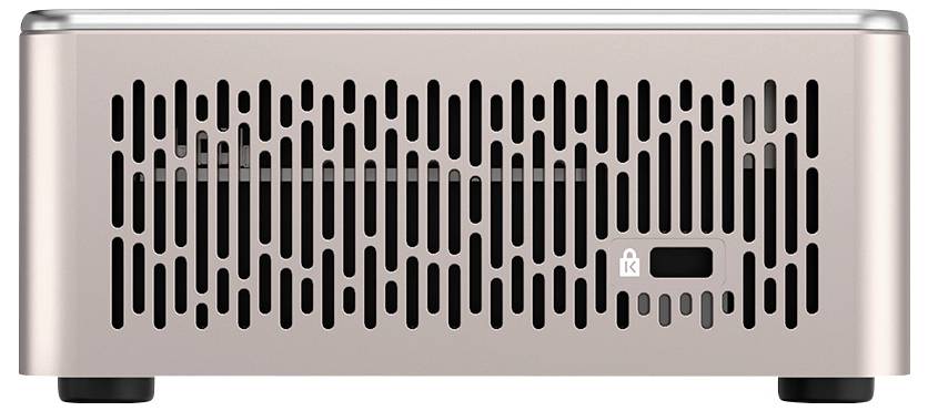 Een compacte, moderne, beige elektronische apparaat met verticale ventilatiesleufjes en een kleine rechthoekige poort of knop op het voorpaneel.