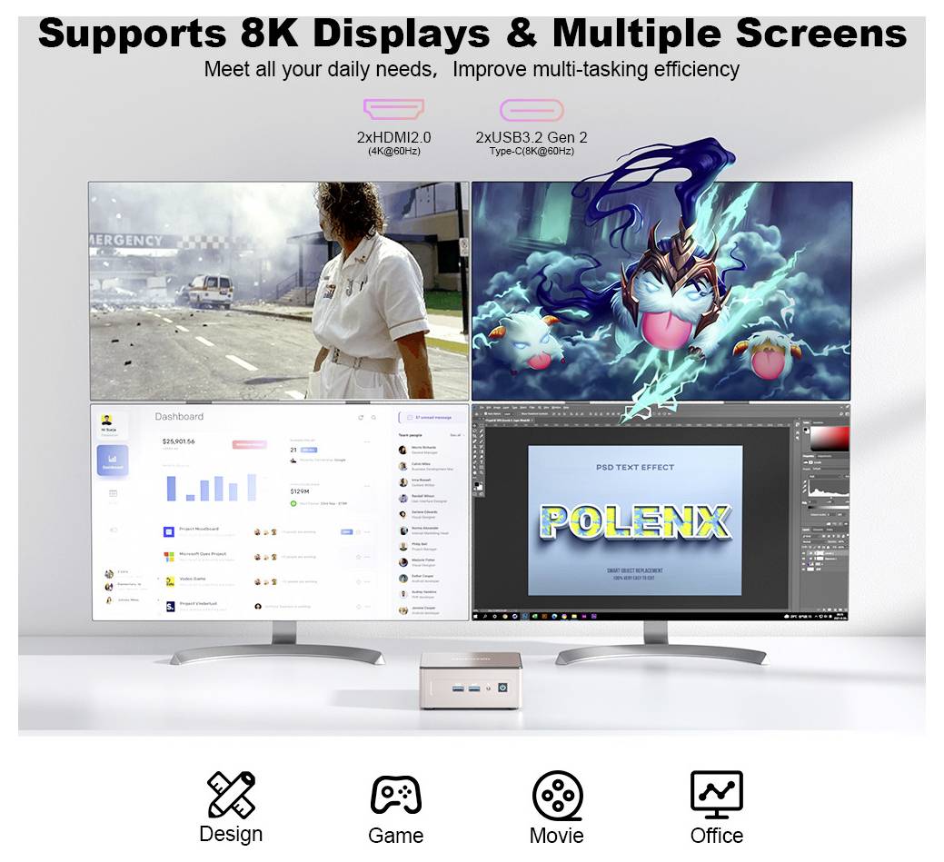 'Ondersteunt 8K-weergaven & Meerdere Schermen' getoond met een computeropstelling en twee grote monitors waarop verschillende toepassingen en afbeeldingen worden weergegeven.