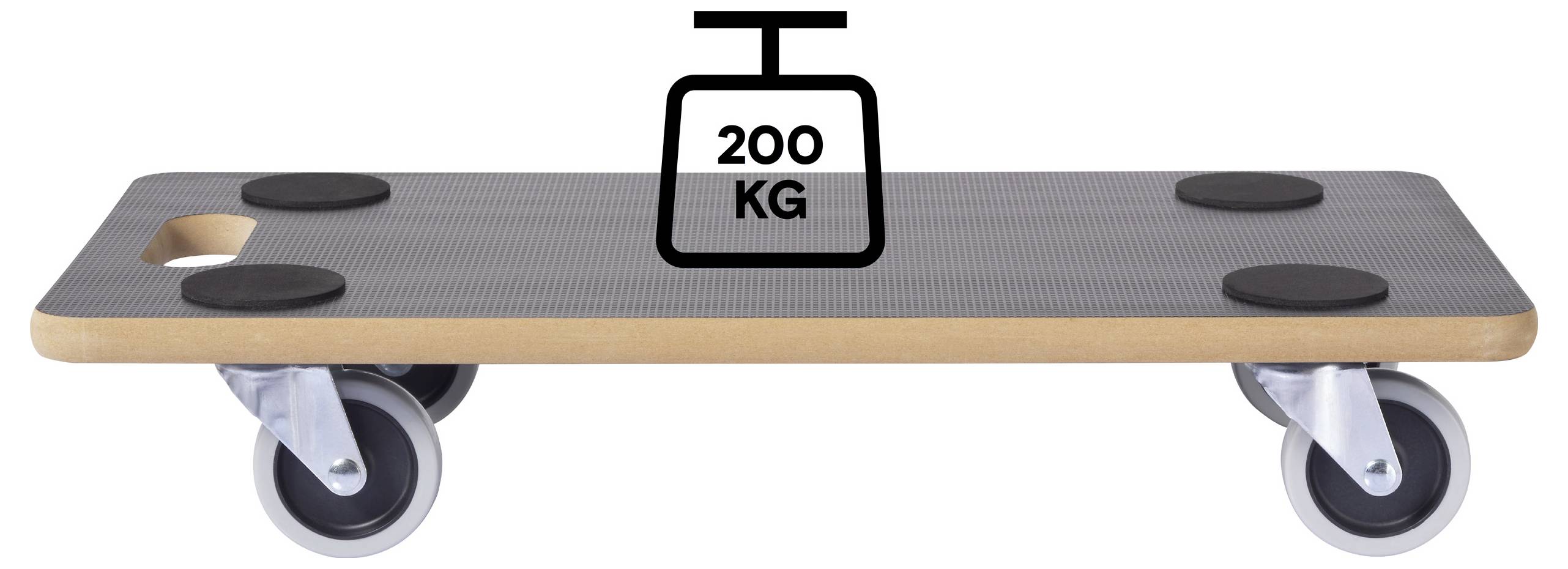 Een plat, wielbord voor het verplaatsen van zware voorwerpen, gelabeld met een gewichtscapaciteit van 200 kg, voorzien van een stevig bord en vier zwaaiwielen.