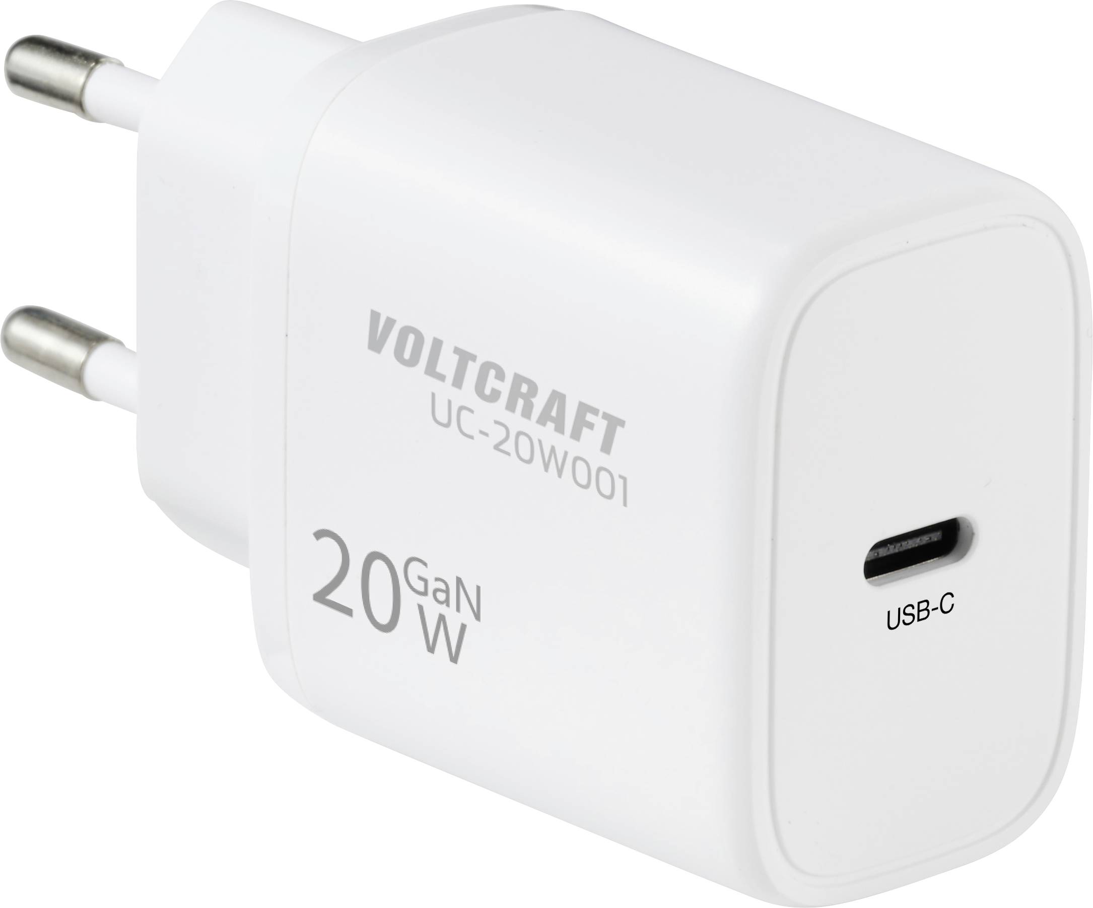 Een witte USB-C wandlader met het opschrift 'VOLTCRAFT 20 GaN W' met twee Europese pennen om in een stopcontact in te pluggen.