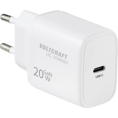 Een witte USB-C wandlader met het opschrift 'VOLTCRAFT 20 GaN W' met twee Europese pennen om in een stopcontact in te pluggen.