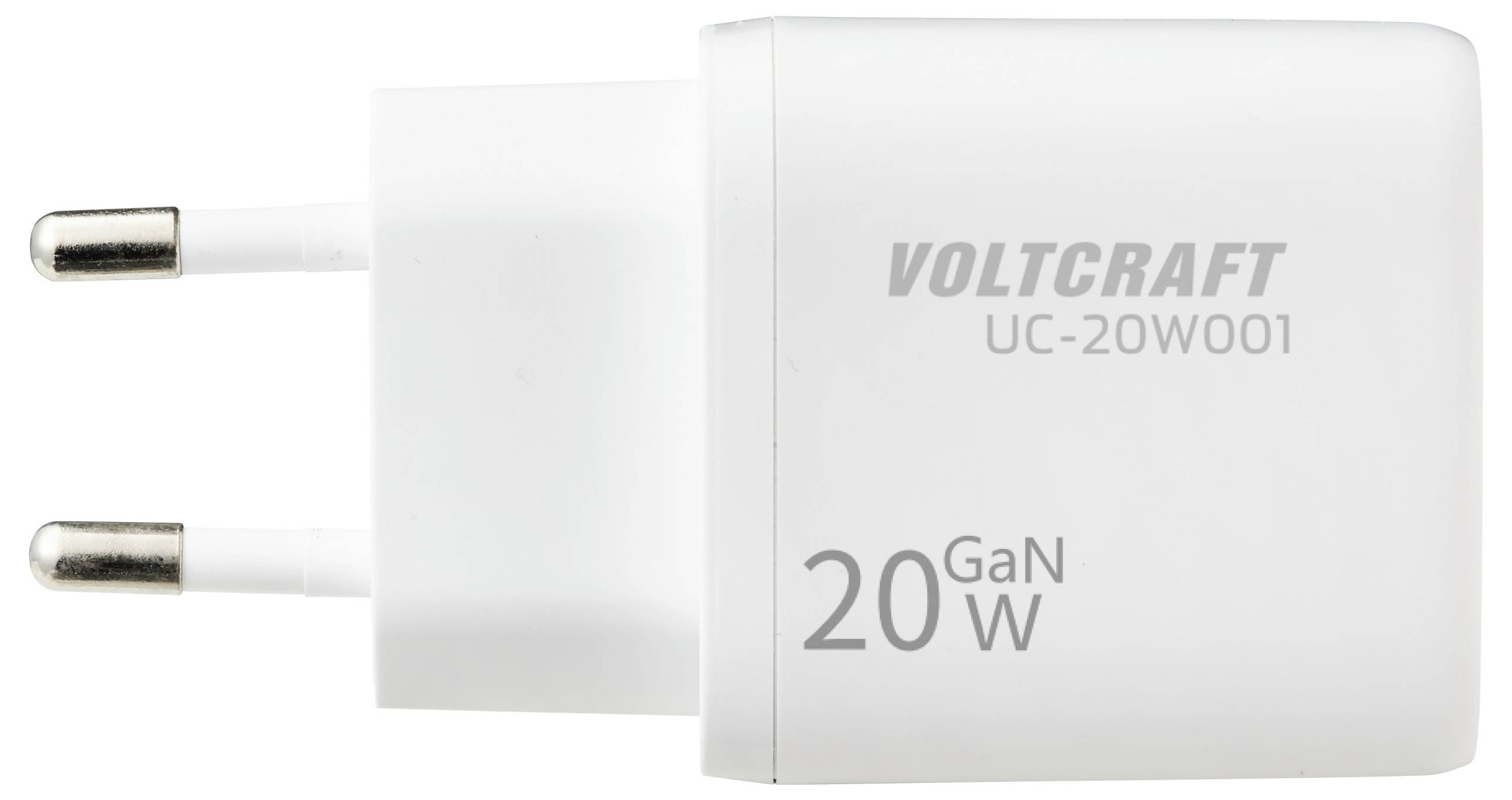 Een witte lader met twee ronde pinnen gemarkeerd met 'VOLTCRAFT UC-20W001' en '20W GaN'.