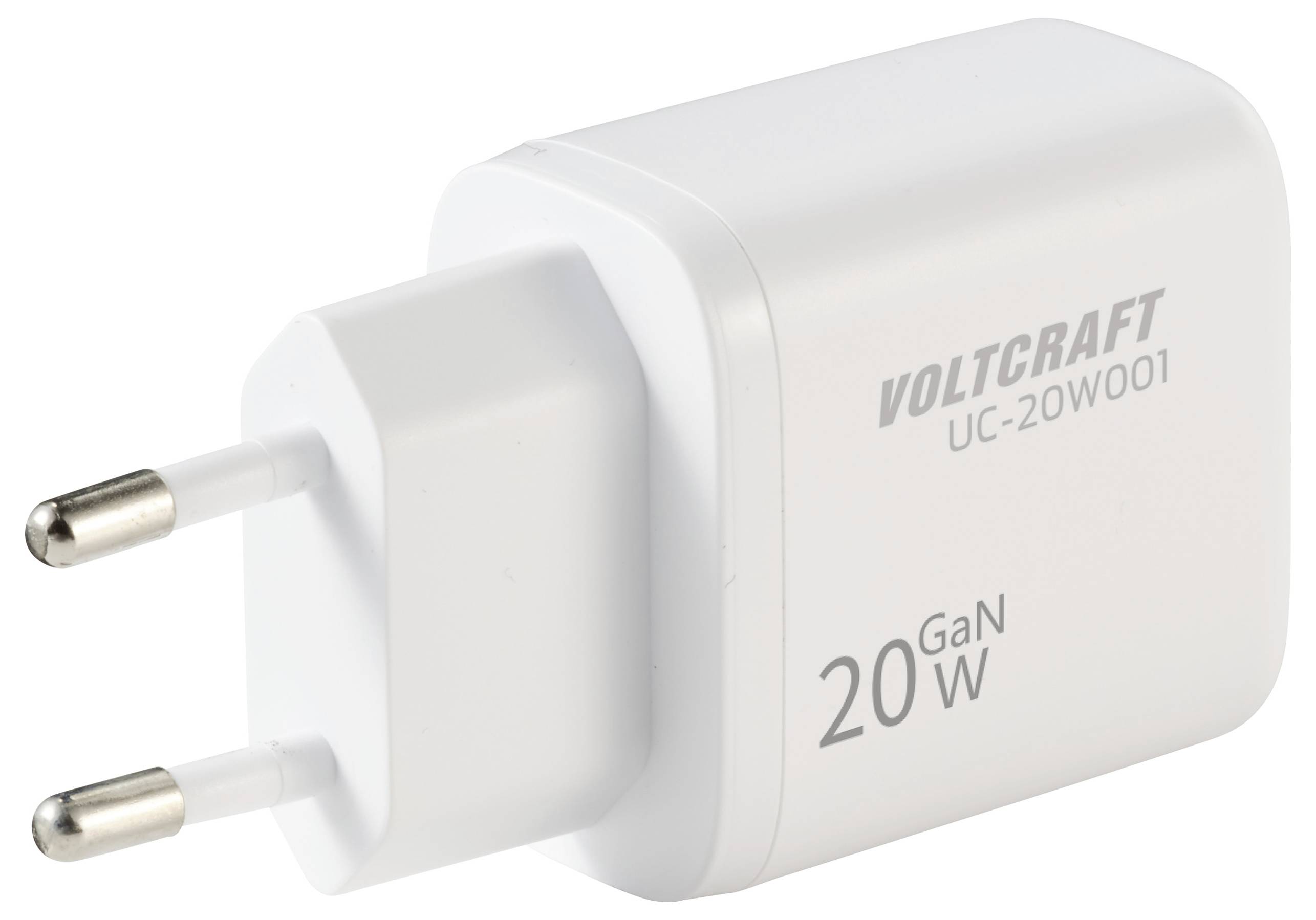 Een witte Voltcraft 20W GaN wandlader met Europese stekker, model UC-20W001, ontworpen voor efficiënt vermogen opladen.