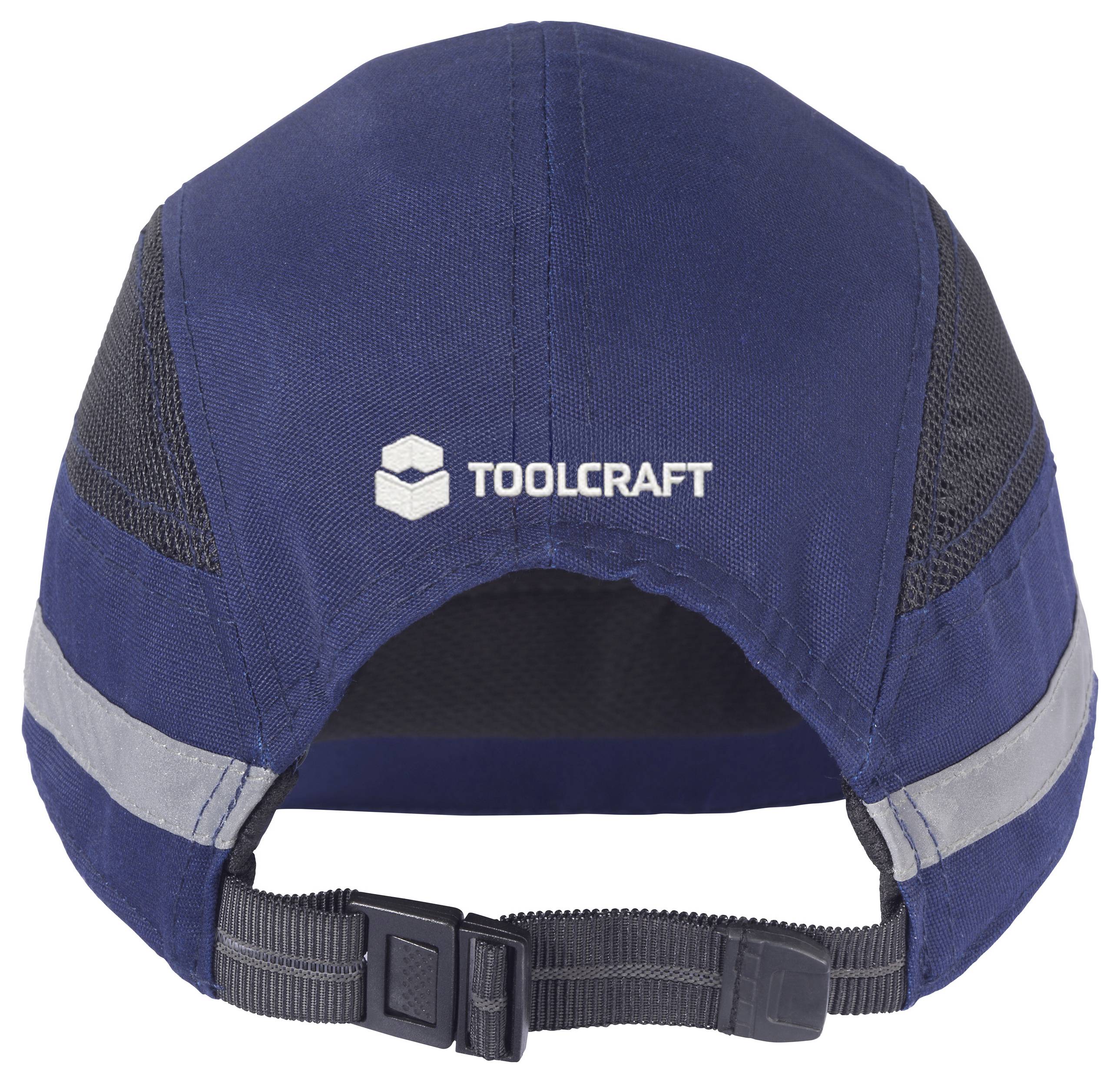 Een blauwe pet met gaasgedeelten en reflecterende streep, waarop het logo 'TOOLCRAFT' is afgebeeld, gezien van achteren.